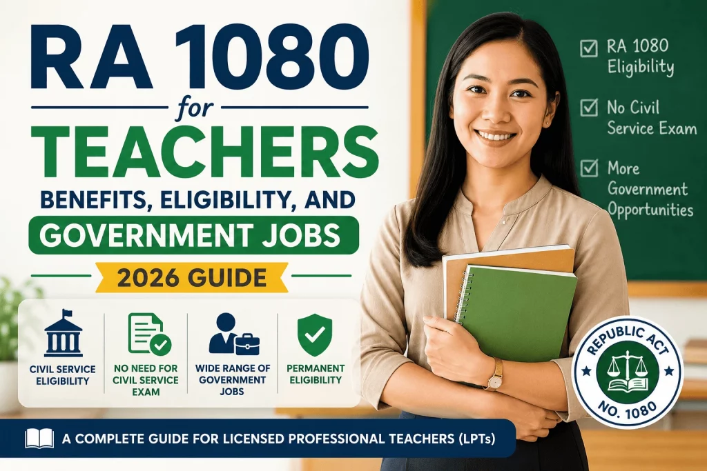 RA 1080 for teachers guide showing eligibility benefits and government job opportunities for Licensed Professional Teachers in the Philippines