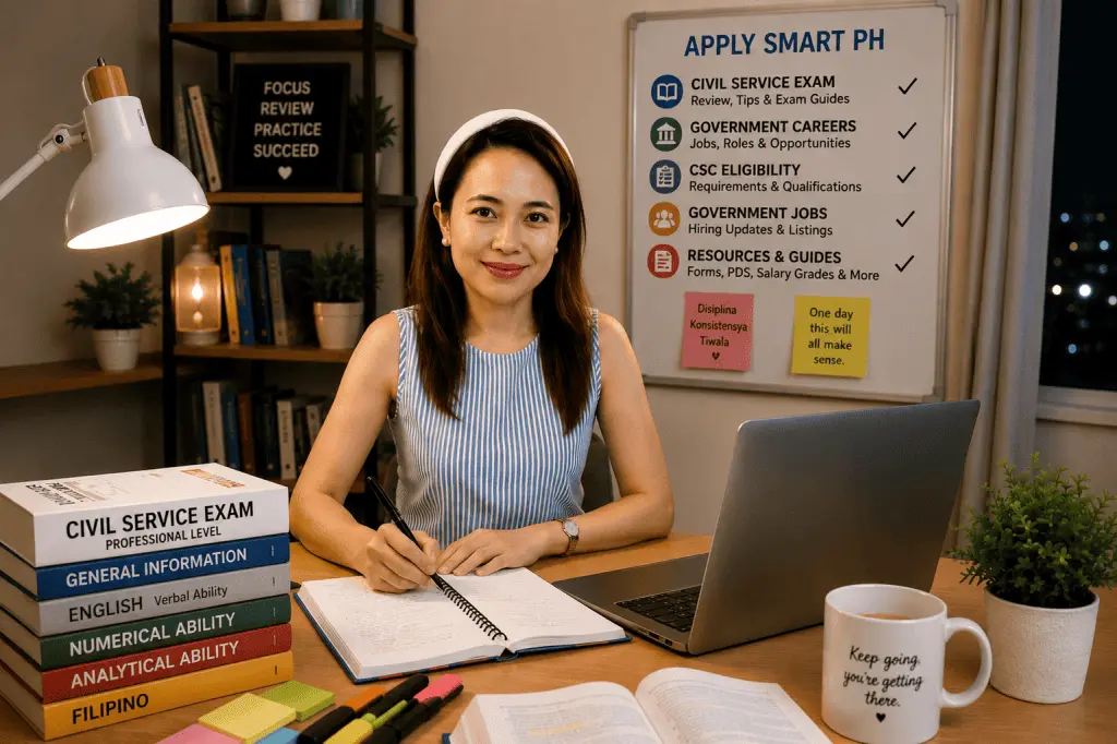 Filipino woman studying for the Civil Service Exam with reviewer books, laptop, and an Apply Smart PH whiteboard featuring civil service exam, government careers, CSC eligibility, and job resources.