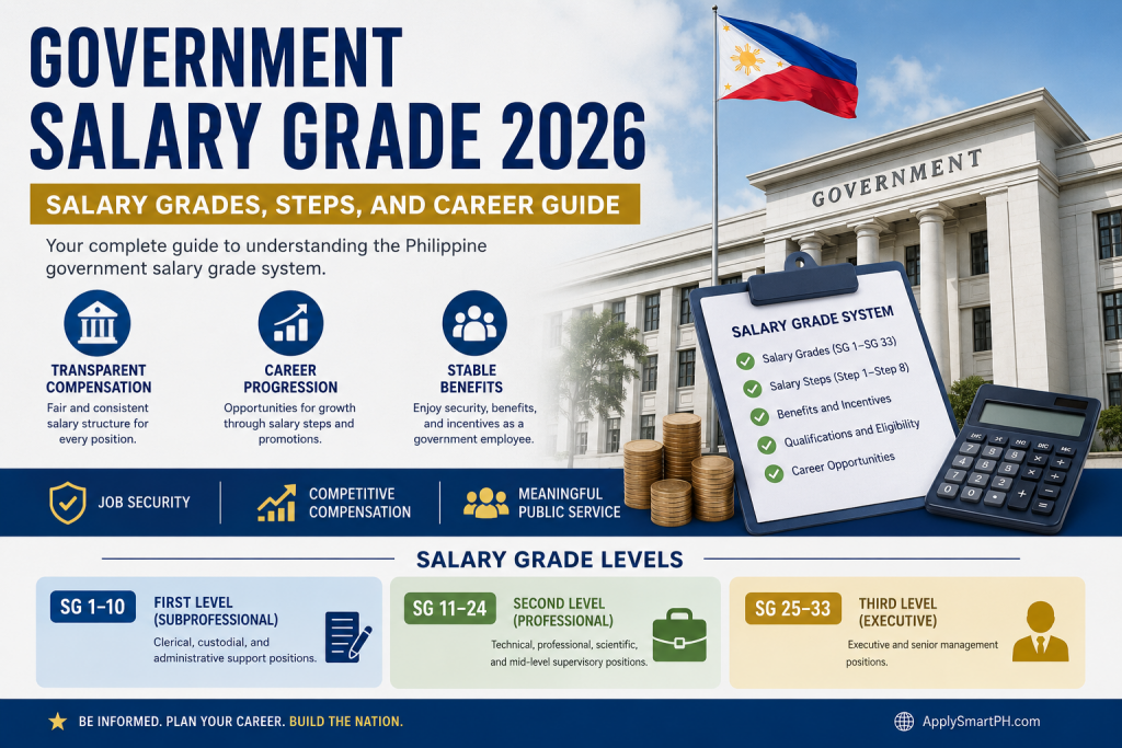 Government salary grade 2026 infographic showing salary grades, salary steps, career levels, employee benefits, and government career progression in the Philippines.