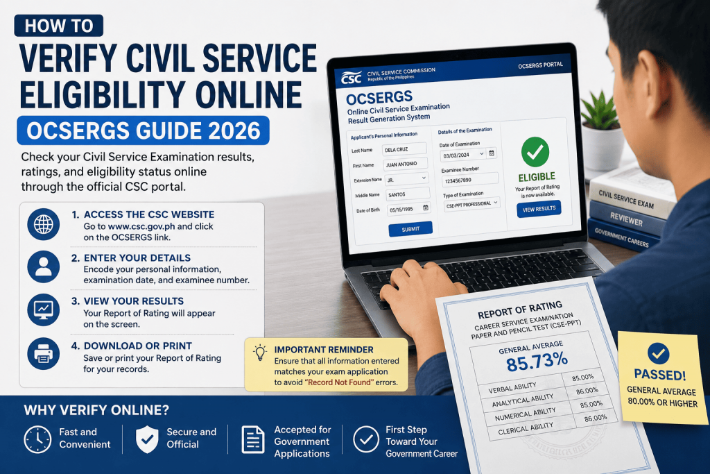 Filipino examinee verifying Civil Service Eligibility online through the OCSERGS portal using a laptop to check CSC exam results and eligibility status.