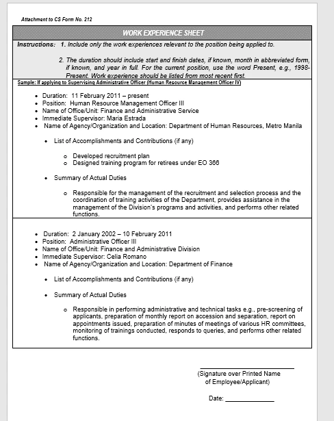 Sample Work Experience Sheet WES CSC Form 212 attachment for government job applicants in the Philippines