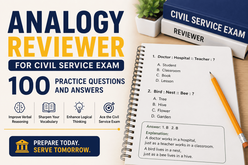 Analogy Reviewer: 100 Civil Service Questions and Answers Analogy reviewer for Civil Service Exam featuring 100 practice questions, answers, explanations, and verbal reasoning exercises for Filipino examinees.