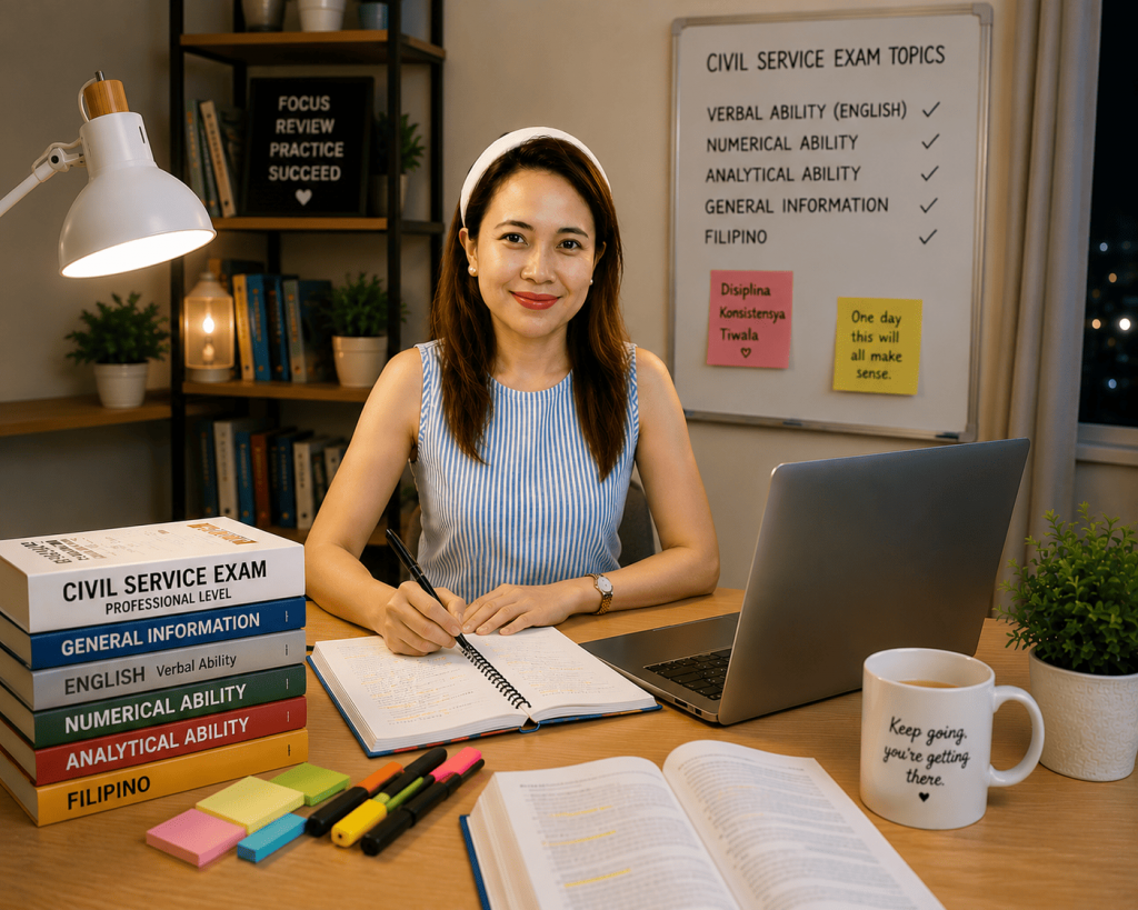 civil service exam reviewer 2026 featuring a young woman studying with practice materials for the Professional and Subprofessional Civil Service Examination