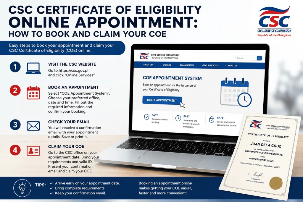 CSC Certificate of Eligibility Online Appointment guide showing the steps to book an appointment and claim a Certificate of Eligibility (COE) from the Civil Service Commission Philippines.