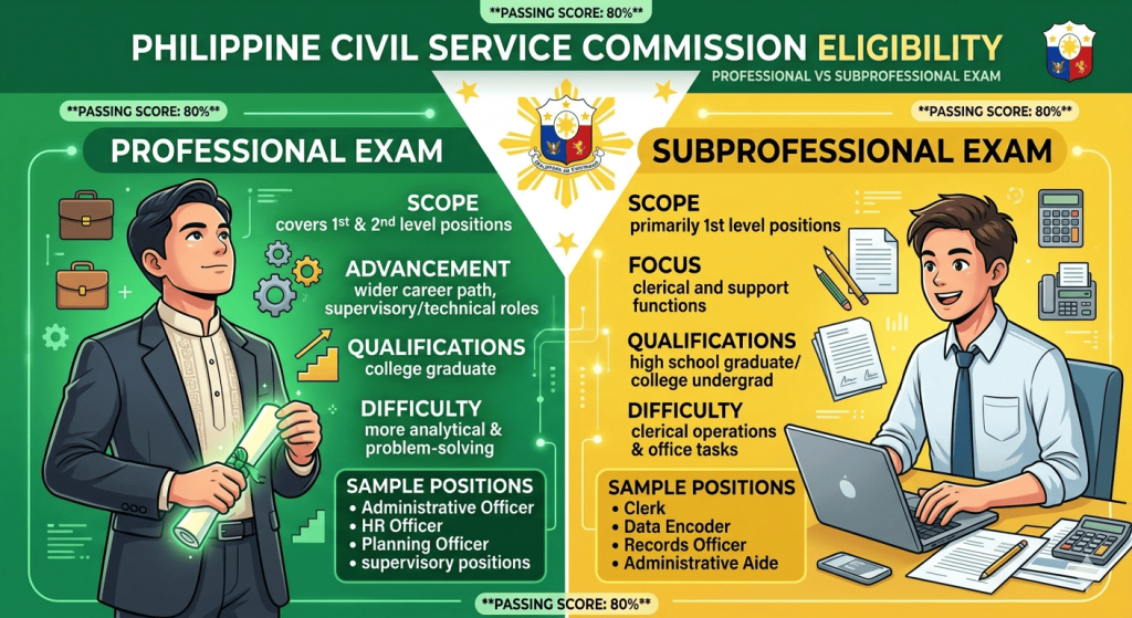 Infographic showing the differences between Philippine Civil Service Professional and Subprofessional Exams