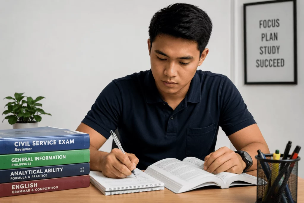 Filipino professional studying for the Civil Service Exam with analytical ability reviewer books and taking notes at a desk.