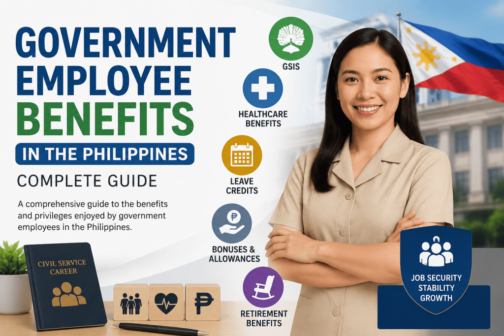 Filipino government employee highlighting government employee benefits in the Philippines, including GSIS, healthcare, leave credits, bonuses, and retirement benefits.