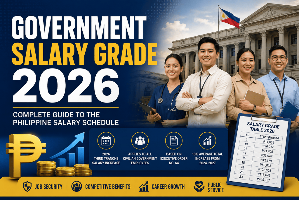 Government Salary Grade 2026: Updated Salary Table in the Philippines Government Salary Grade 2026 infographic showing Filipino government employees, salary increase information, and the updated Philippine salary grade table under the third tranche of the salary schedule.