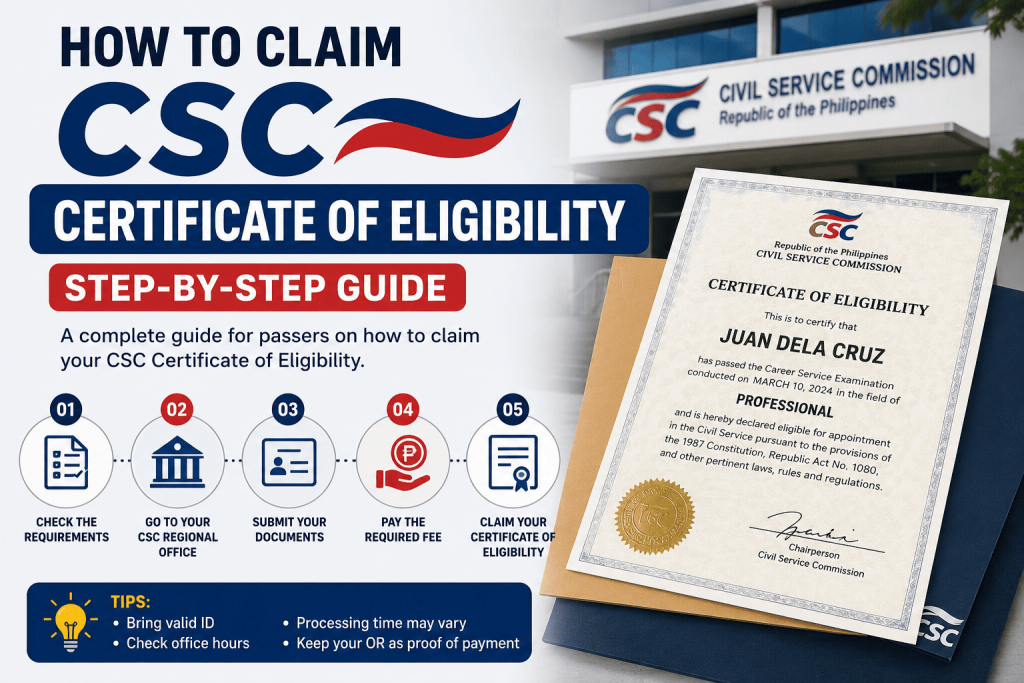 How to claim CSC Certificate of Eligibility step-by-step guide showing the requirements and process for claiming a Civil Service Commission eligibility certificate in the Philippines
