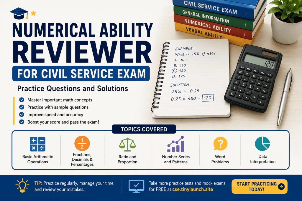 Numerical Ability Reviewer for Civil Service Exam: Practice Questions and Solutions numerical ability reviewer for civil service exam with practice questions, solutions, percentages, ratio and proportion, number series, and data interpretation topics