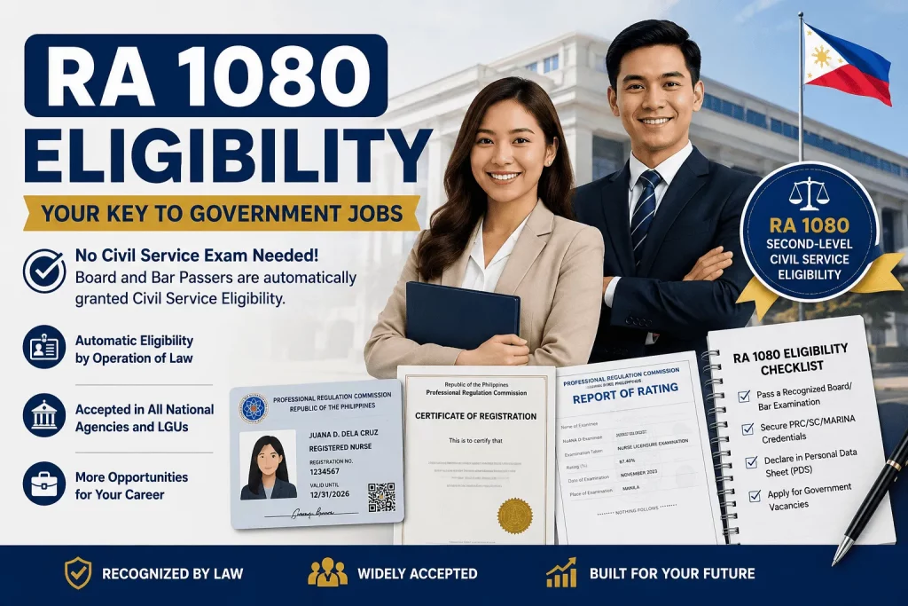 RA 1080 eligibility guide showing how licensed professionals can qualify for government jobs without taking the Civil Service Exam