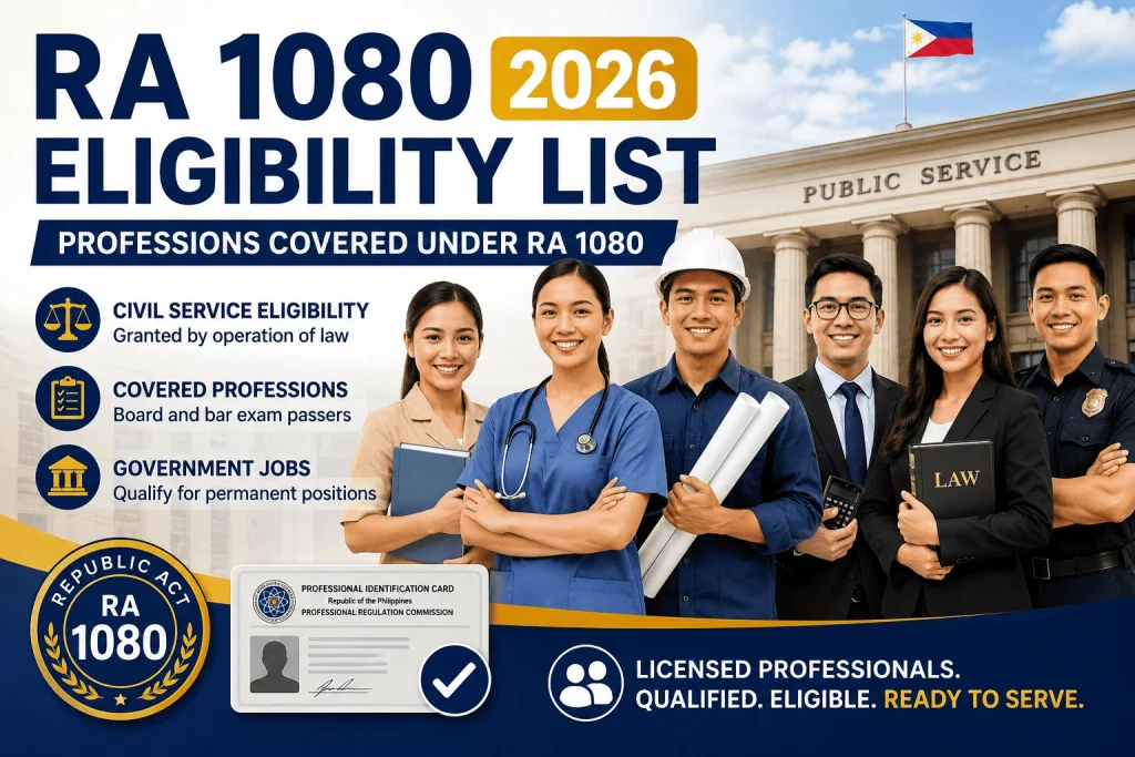 RA 1080 eligibility list showing professions covered under civil service eligibility in the Philippines