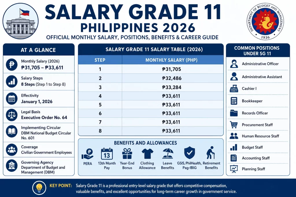 Salary Grade 11 Philippines 2026 infographic showing the official monthly salary table, salary steps, government positions, benefits, and allowances under the Third Tranche of the Salary Standardization Law VI.