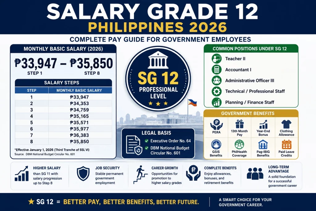 Salary Grade 12 Philippines 2026 infographic showing the official monthly salary range, salary steps, common government positions, employee benefits, and career opportunities under the Third Tranche of the Salary Standardization Law VI.