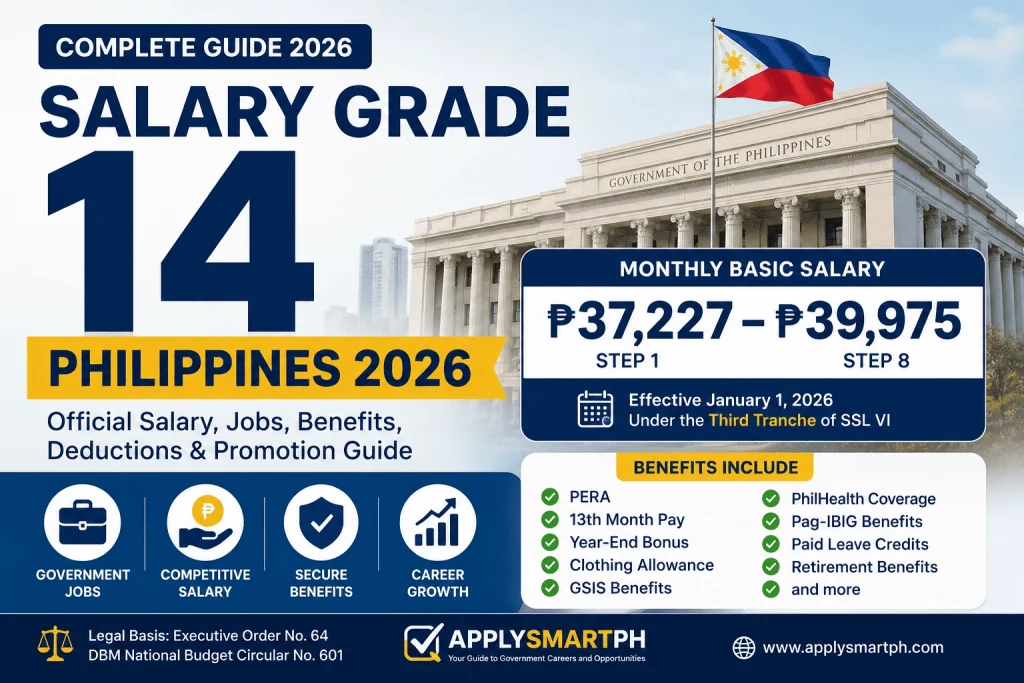 Salary Grade 14 Philippines 2026 infographic showing the official monthly salary, salary steps, common government jobs, employee benefits, and career progression under the Third Tranche of the Salary Standardization Law VI.