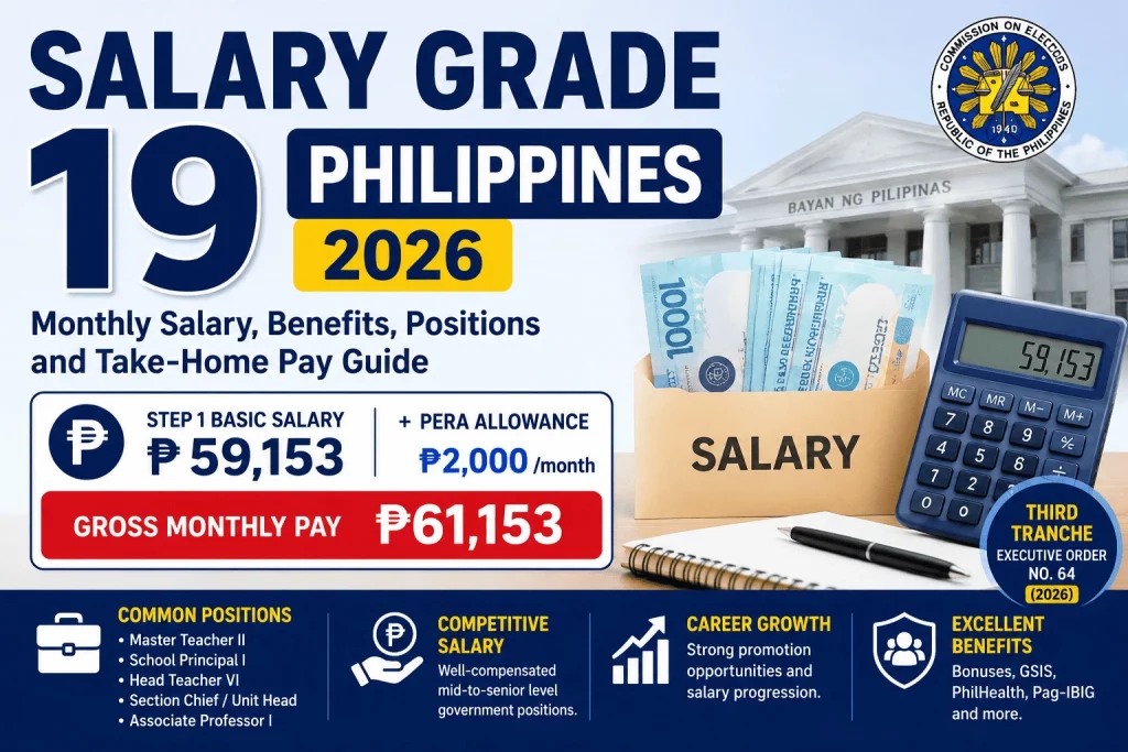 Salary Grade 19 Philippines 2026 infographic showing ₱59,153 monthly salary, PERA allowance, benefits, and government positions under SG 19