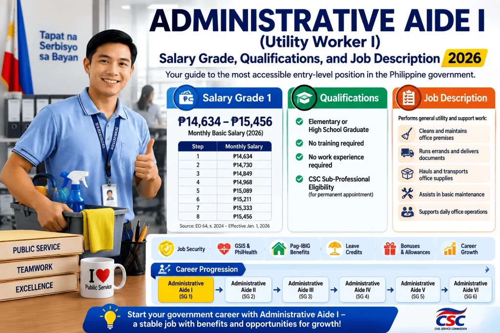 Administrative Aide I (Utility Worker I) in a Philippine government office performing support and maintenance duties, Salary Grade 1 guide for 2026.