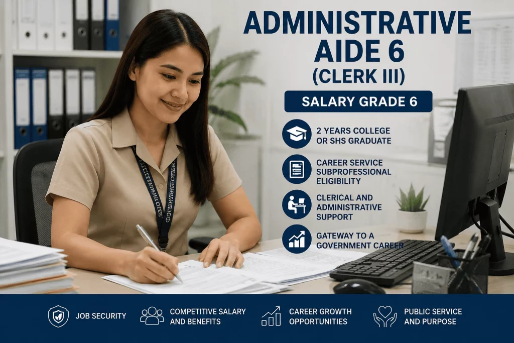 Administrative Aide VI Clerk III employee working in a government office with Salary Grade 6 qualifications, eligibility requirements, and career information