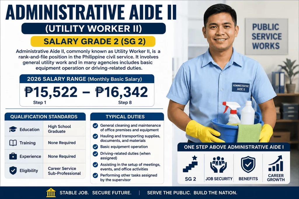 Administrative Aide II (Utility Worker II) Salary Grade 2 in the Philippines showing 2026 salary range, qualifications, eligibility requirements, and typical duties.