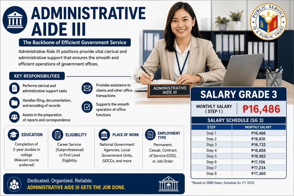 Administrative Aide III Salary Grade 3 infographic showing ₱16,486 monthly salary, SG 3 salary steps, qualifications, and government office duties in the Philippines.