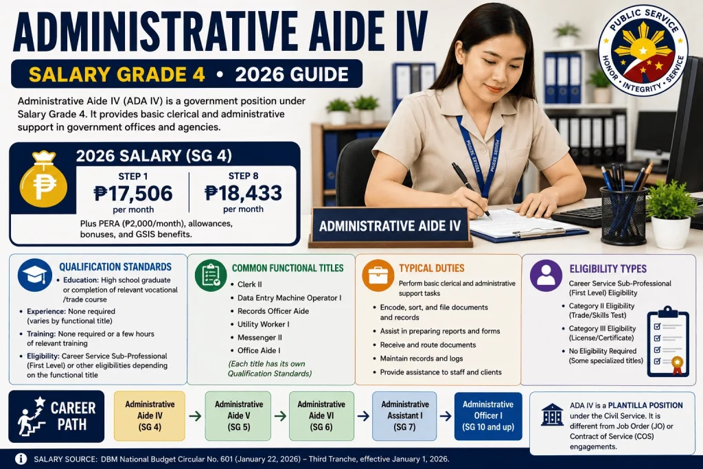 Administrative Aide IV Salary Grade 4 salary table showing ₱17,506 Step 1 salary and salary progression through Step 8 under the 2026 Philippine government salary schedule.