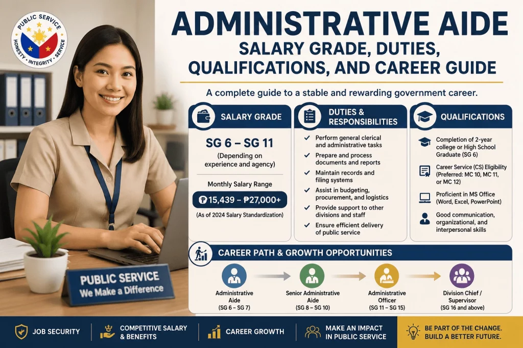 Administrative Aide career guide infographic showing salary grade, duties and responsibilities, qualifications, and career progression in the Philippine government.
