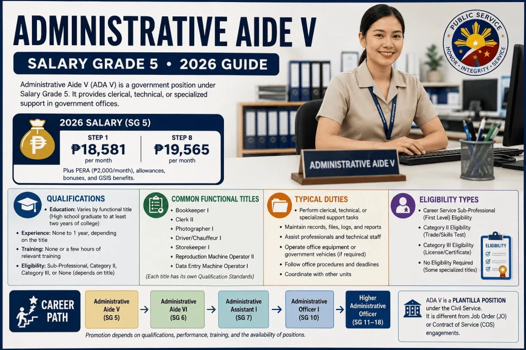 Administrative Aide V government employee working in an office with Salary Grade 5 salary table for 2026 Philippines