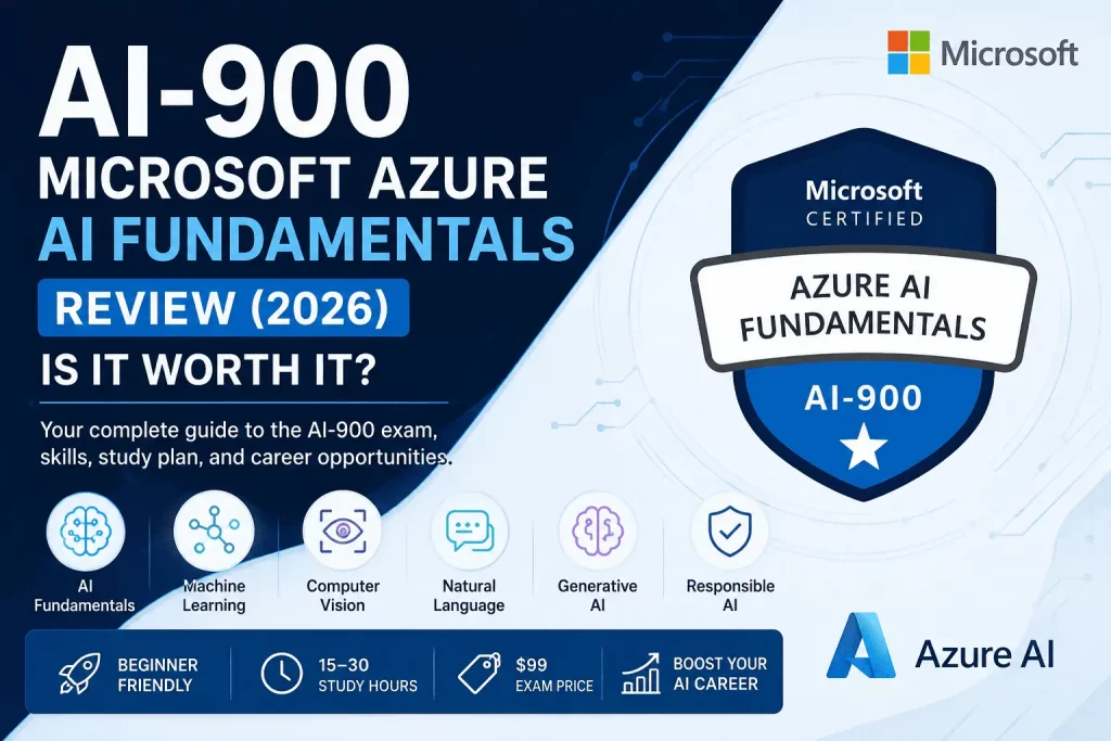 AI-900 Microsoft Azure AI Fundamentals Review 2026 featuring Azure AI, machine learning, computer vision, natural language processing, generative AI, and certification roadmap.