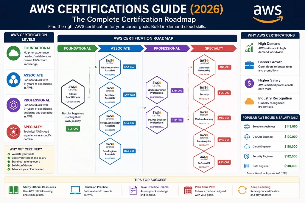 AWS Certifications Guide 2026 infographic showing the complete AWS certification roadmap, including Foundational, Associate, Professional, and Specialty certification levels.