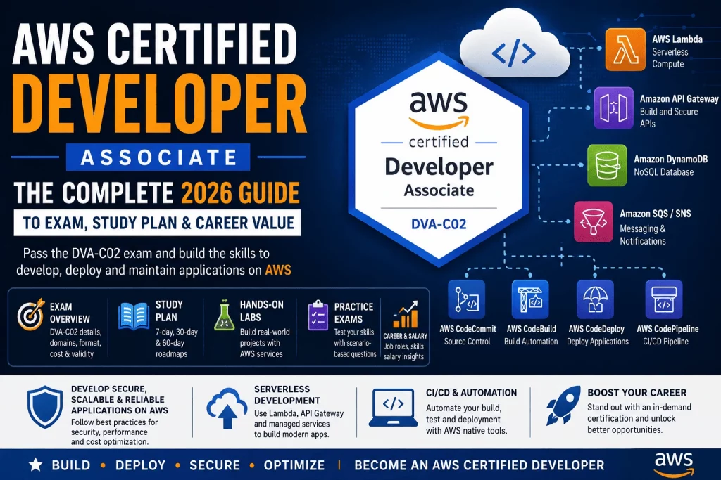 AWS Certified Developer Associate DVA-C02 complete 2026 guide featuring exam overview, study plan, AWS Lambda, API Gateway, DynamoDB, CI/CD, and career roadmap.