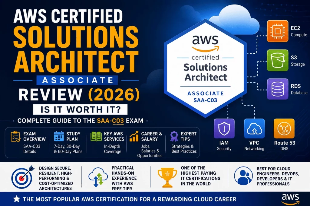 AWS Certified Solutions Architect – Associate Review 2026 infographic featuring the SAA-C03 certification, AWS architecture services, exam overview, study plan, career opportunities, and cloud architecture learning path.