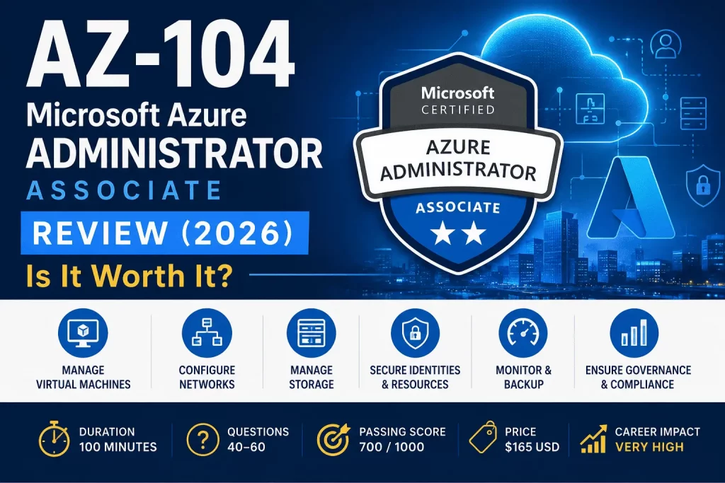AZ-104 Microsoft Azure Administrator Review 2026 featuring Azure administration, virtual machines, networking, storage, Microsoft Entra ID, monitoring, and cloud infrastructure.