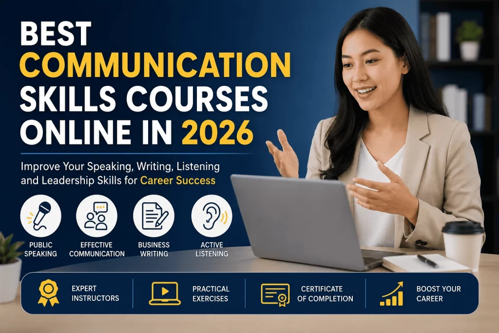 Professional woman attending an online communication skills course in 2026 with icons for public speaking, business writing, active listening, and workplace communication.
