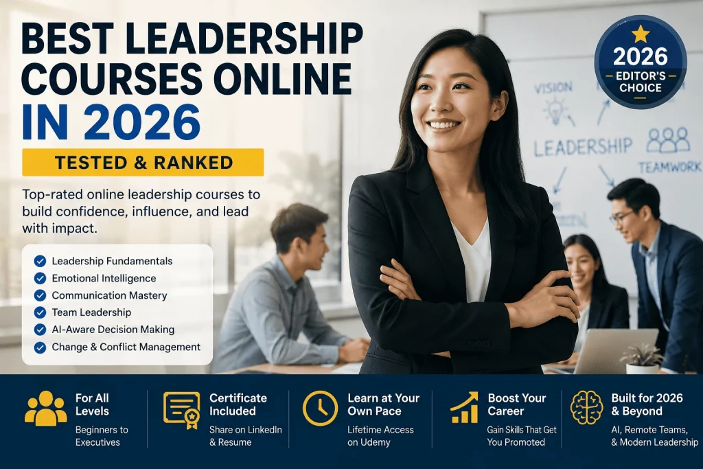 Professional leader standing confidently with team members discussing leadership skills and online leadership training in 2026.