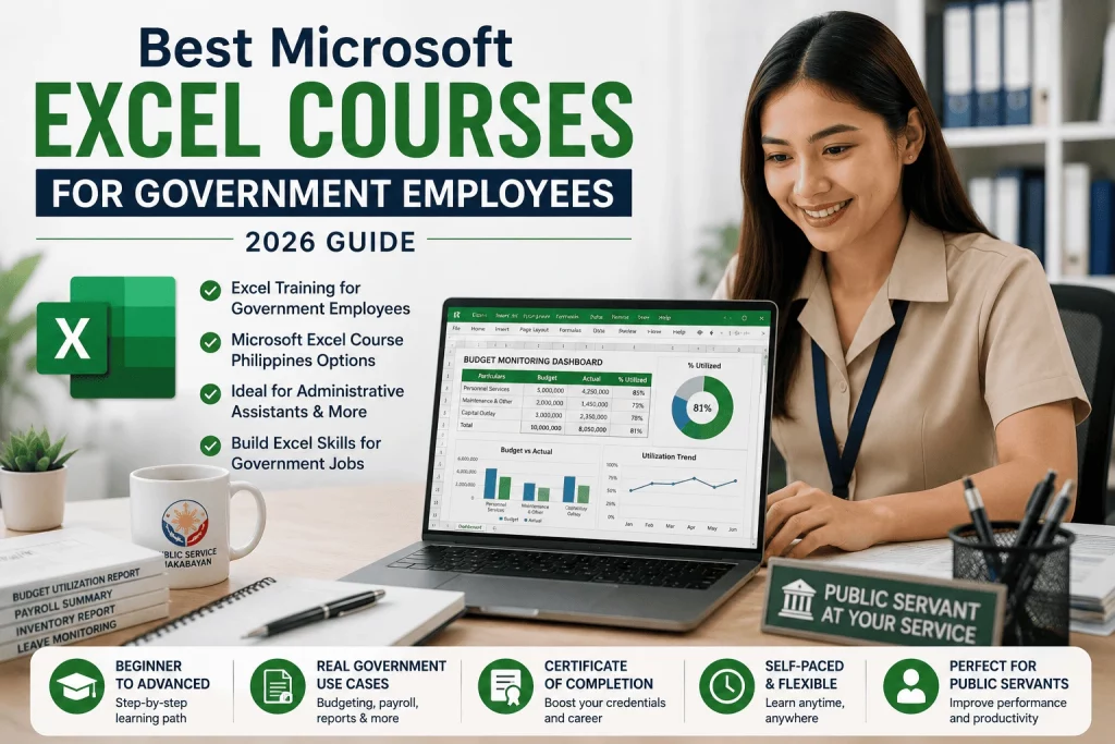 Government employee using Microsoft Excel on a desktop computer while analyzing spreadsheets and reports in an office environment.