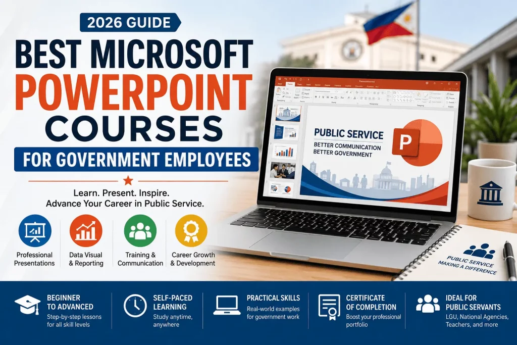 Government employee learning Microsoft PowerPoint through an online course for presentations, reporting, and public service communication in 2026.