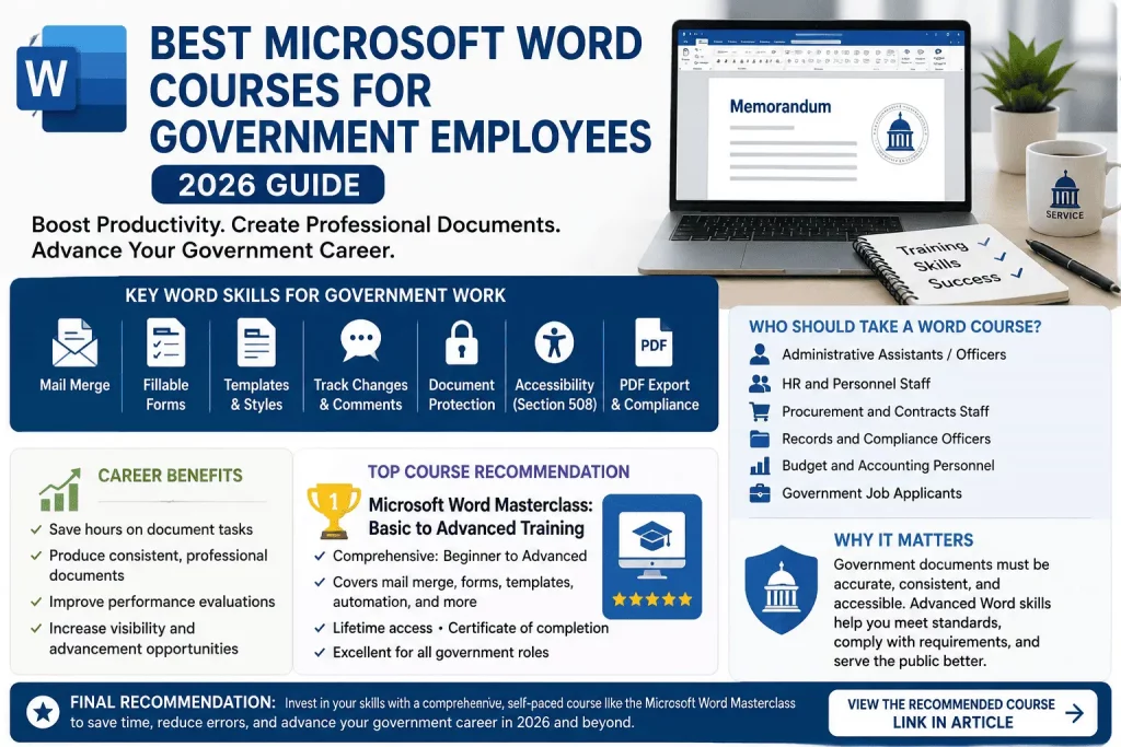 Infographic showing the best Microsoft Word courses for government employees in 2026, highlighting mail merge, templates, fillable forms, document protection, accessibility compliance, and career benefits.