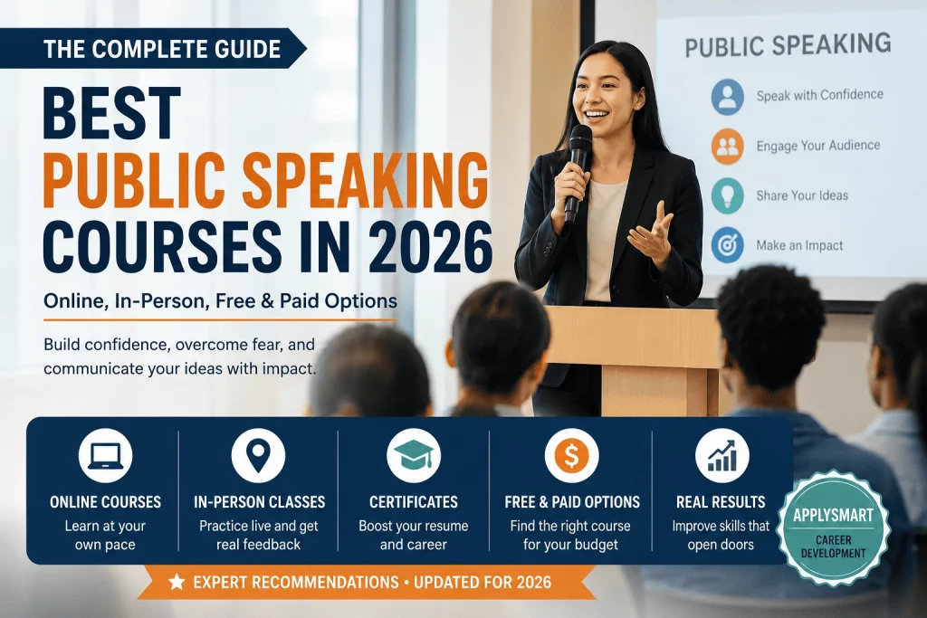 Professional speaker presenting to an audience during a public speaking course in 2026, highlighting the best online and in-person training programs.