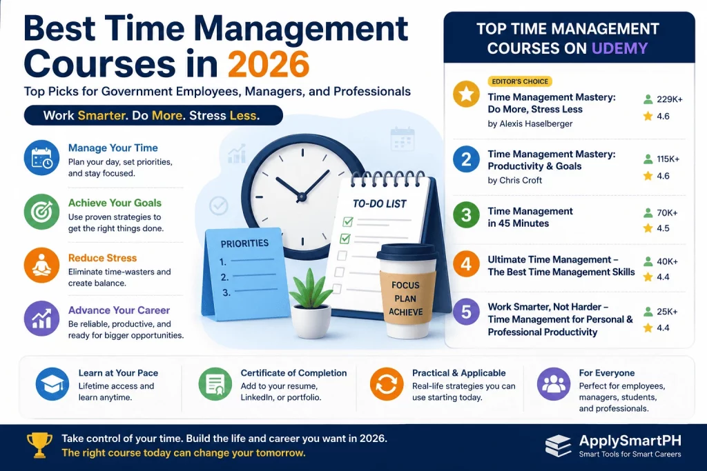 Best Time Management Courses in 2026 featuring top Udemy productivity courses for government employees, managers, professionals, and students.