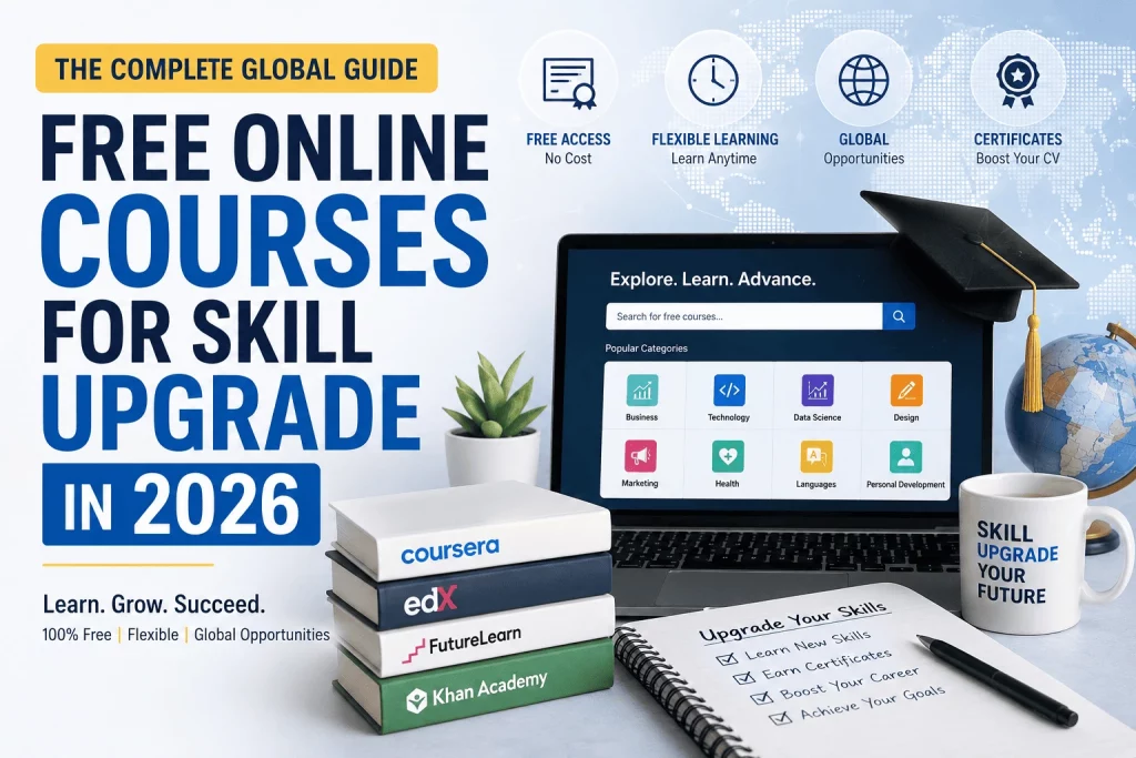 Laptop displaying free online learning platforms with books, graduation cap, and global education icons representing free online courses for skill upgrade in 2026.