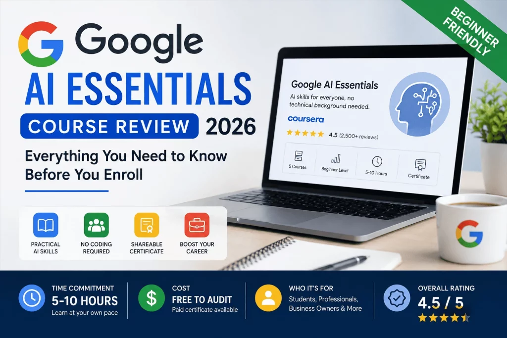 Google AI Essentials course review showing certificate, pricing, course duration, curriculum overview, and overall rating for beginners.
