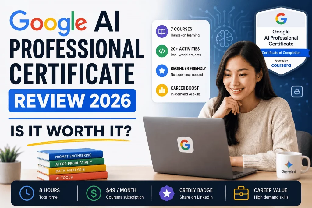 Google AI Professional Certificate Review 2026 featuring course curriculum, hands-on projects, Coursera certificate, pricing, and career value.