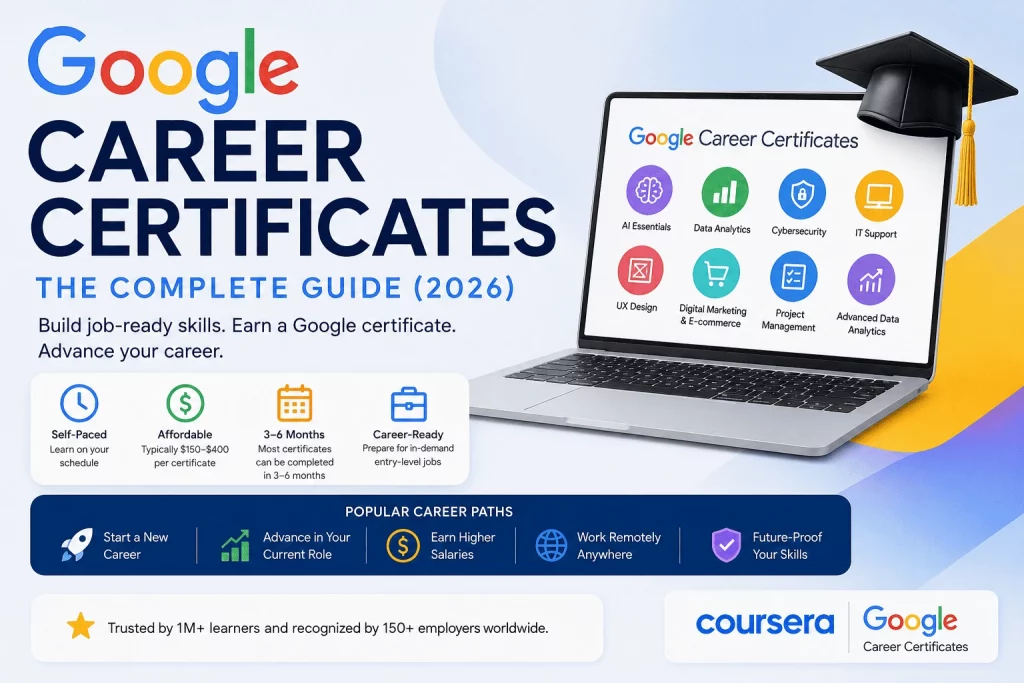 Google Career Certificates Guide 2026 infographic featuring Google's professional certificate programs, career pathways, online learning roadmap, Coursera partnership, and job-ready skills for in-demand careers.
