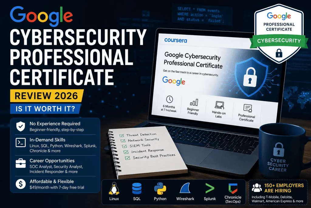 Google Cybersecurity Professional Certificate Review 2026 featuring Linux, SQL, Python, Splunk, Wireshark, hands-on labs, and cybersecurity career training.