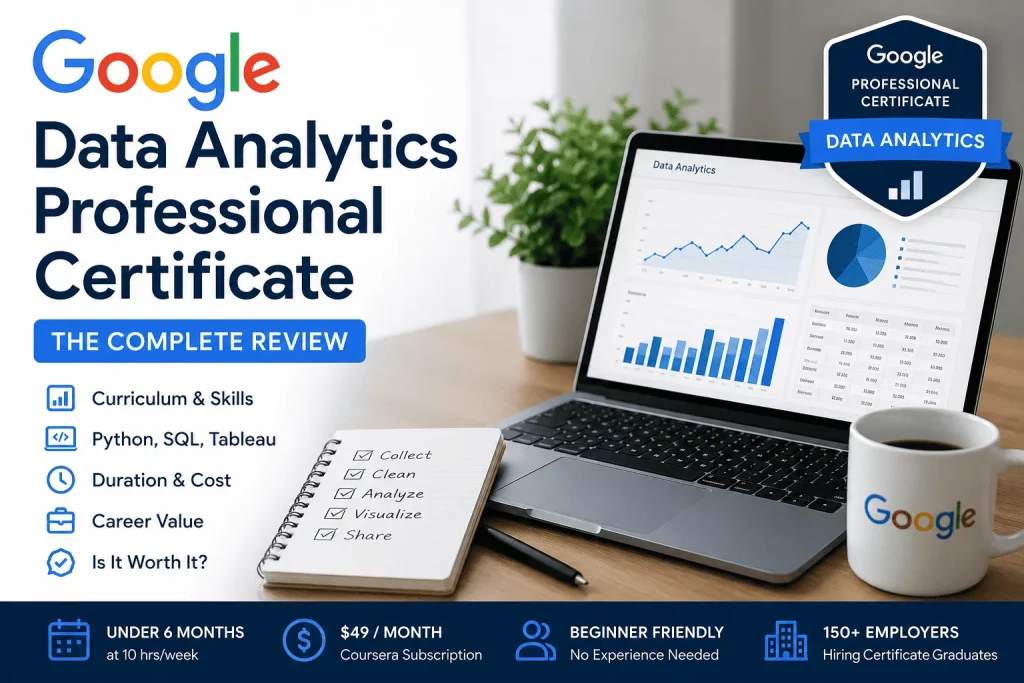 Google Data Analytics Professional Certificate Review 2026 featuring curriculum, Python, SQL, Tableau, Coursera certification, and career value.
