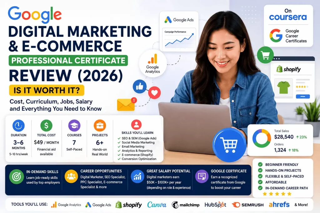 Google Digital Marketing & E-commerce Certificate Review 2026 featuring Google Ads, Google Analytics, Shopify, SEO, email marketing, and career opportunities.