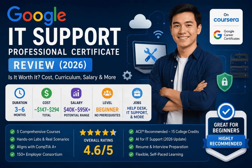 Google IT Support Professional Certificate Review 2026 featuring curriculum, Linux, networking, hands-on labs, CompTIA A+ alignment, career opportunities, and salary outlook.