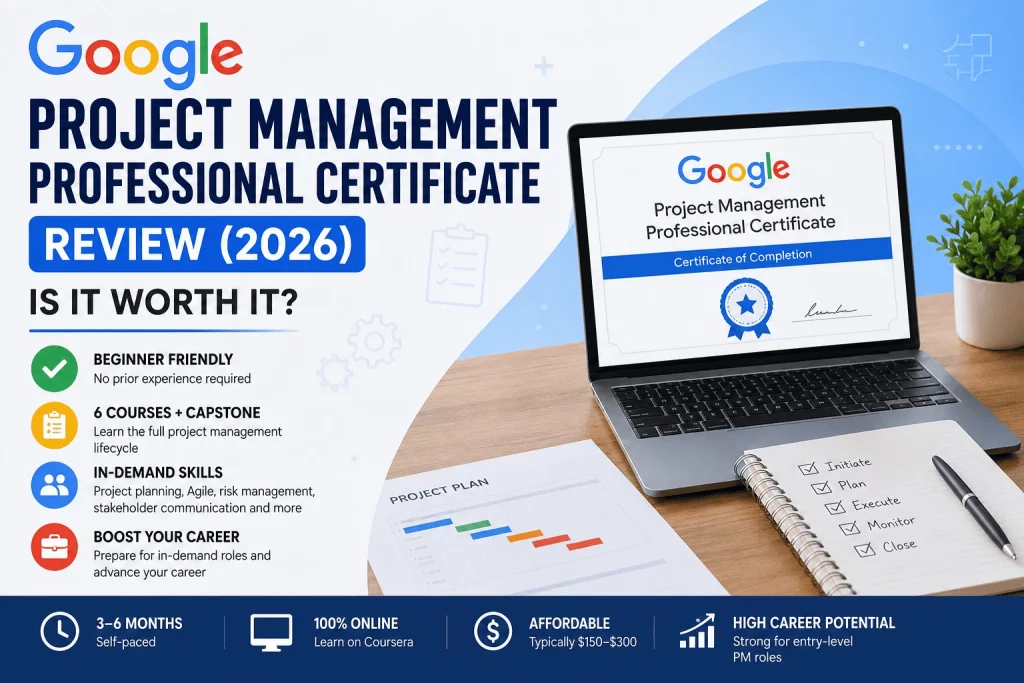 Google Project Management Professional Certificate Review 2026 infographic featuring the Coursera program, project management skills, study roadmap, career opportunities, certification overview, and beginner-friendly learning path.