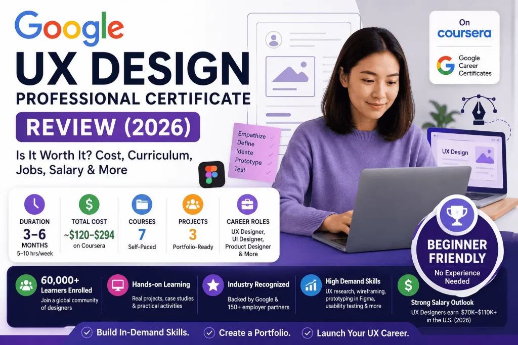 Google UX Design Professional Certificate Review 2026 featuring Figma, UX research, wireframing, prototyping, portfolio projects, and UX career opportunities.