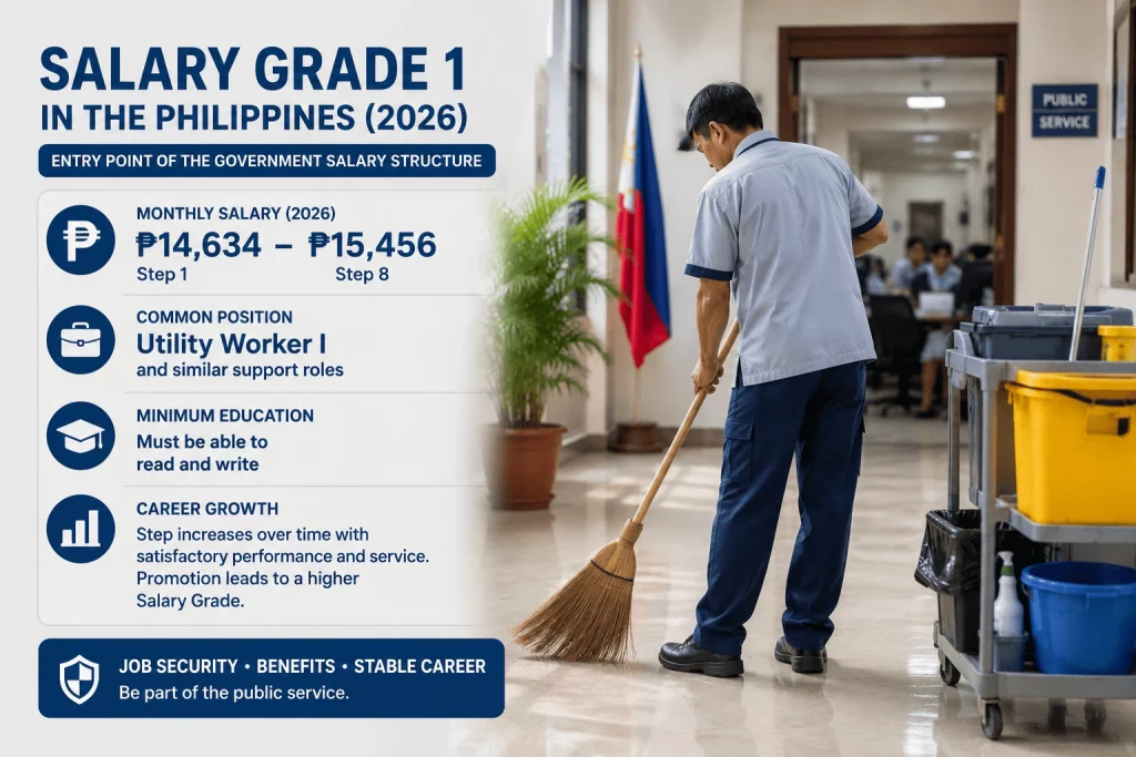 Bar chart showing Salary Grade 1 monthly salary from Step 1 to Step 8, Philippines, effective January 2026.